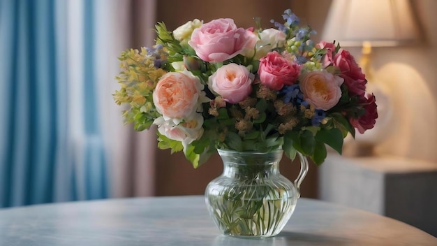 A vase of flowers on a table against a blue bokeh background