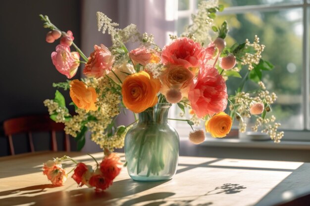 a vase of flowers on a table sitting in sunlight