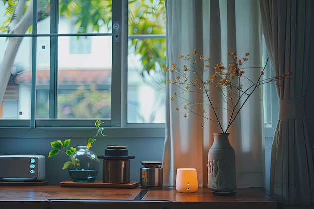 A vase of flowers on a table next to a window