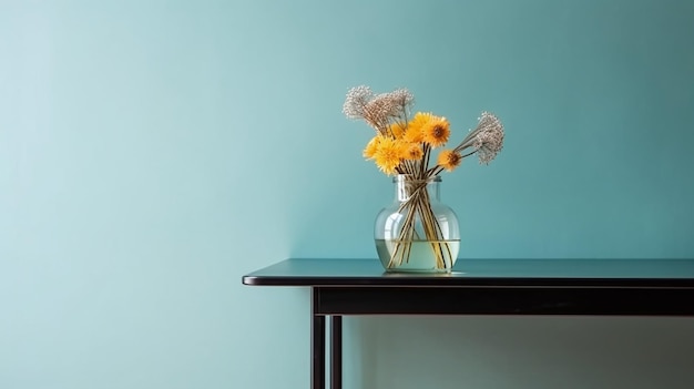 A vase of flowers on a table with a blue background.