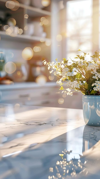 Photo a vase of flowers on a table with a bottle of wine