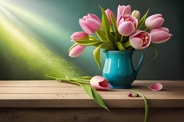 A vase of flowers on a table with a green background.