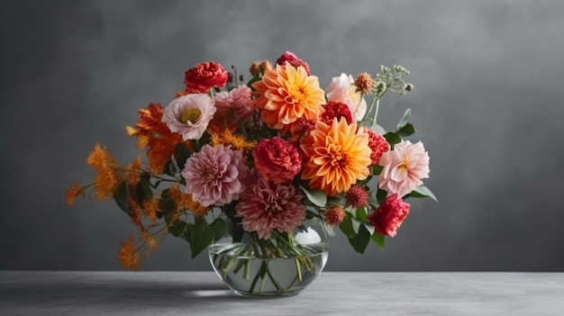 A vase of flowers on a table with a grey background.