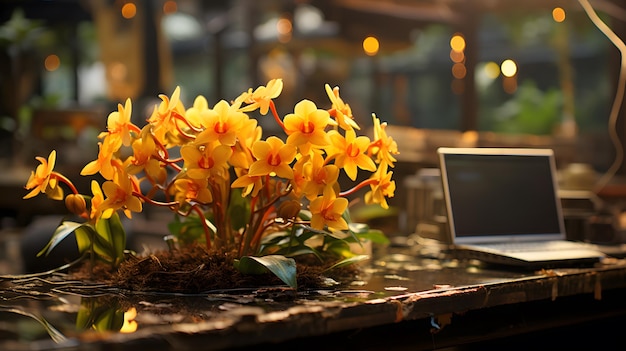 노트북을 가진 테이블 위에 꽃병을 놓은 인공지능