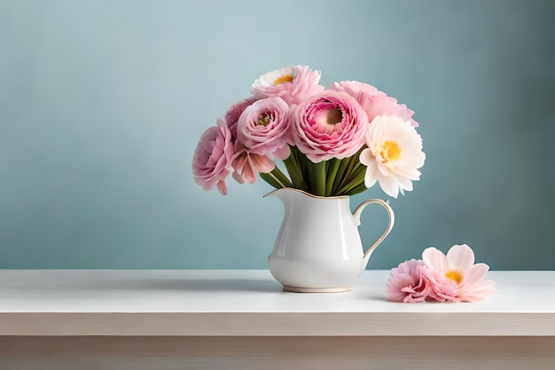 A vase of flowers on a table with pink flowers.