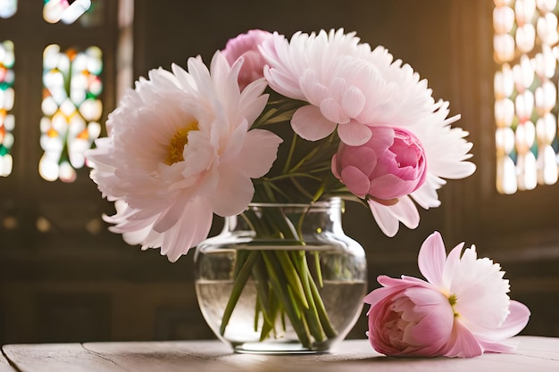 A vase of flowers on a table with a window behind it