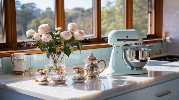 Vase of flowers and teapot on table in modern kitchen