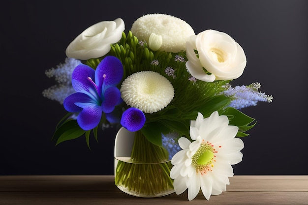 A vase of flowers with a blue flower on it