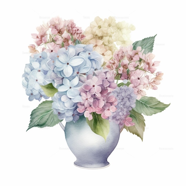 A vase of flowers with a blue and pink hydrangea.