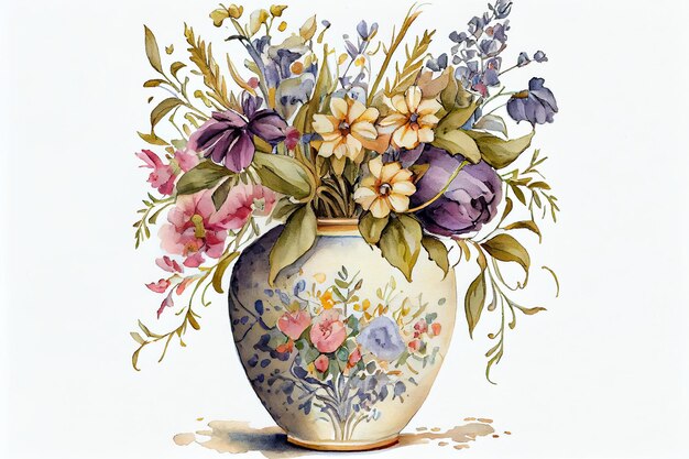 A vase of flowers with a blue and purple flower on it.