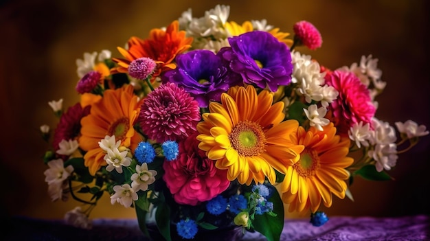 A vase of flowers with a blue and yellow tag that says'happy birthday '