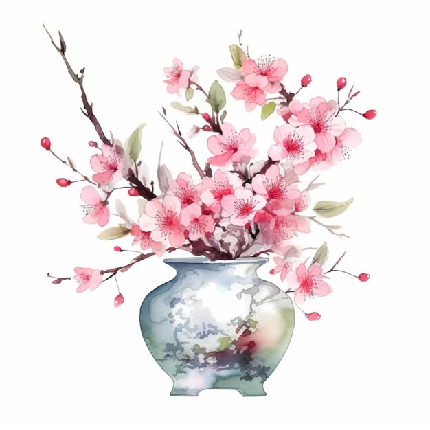 A vase of flowers with a branch of cherry blossoms.