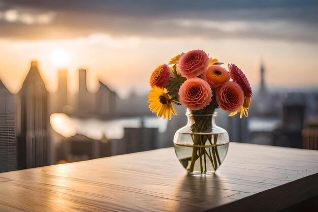 Photo a vase of flowers with the city in the background.