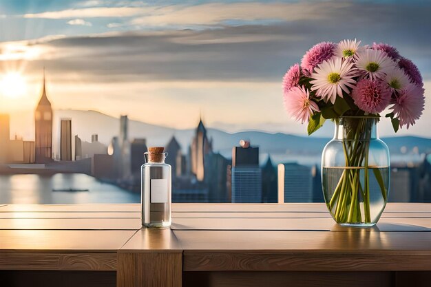 Photo a vase of flowers with a cityscape in the background.