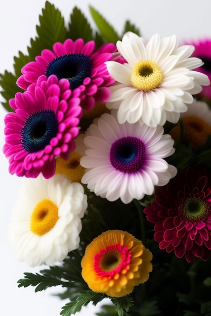 A vase of flowers with a colorful center that says " gerbera ".