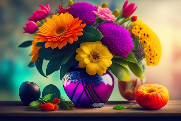 A vase of flowers with a colorful flower on the table