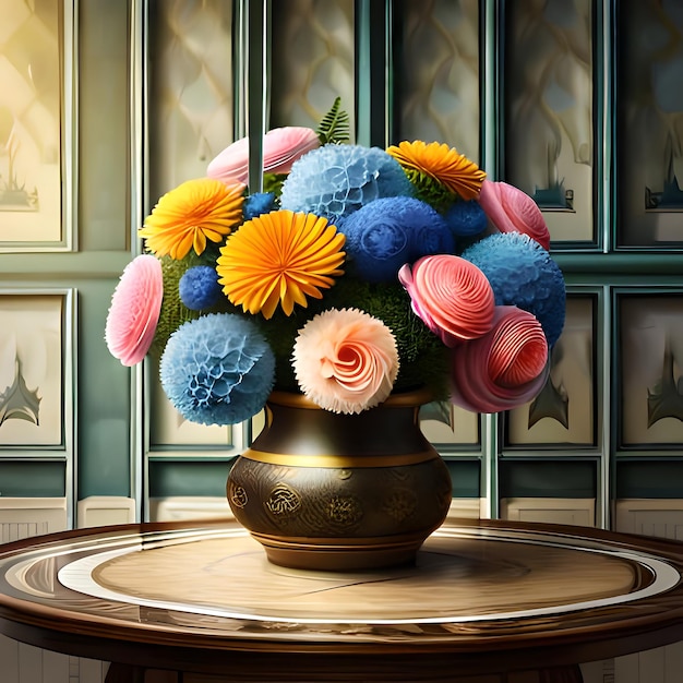 a vase of flowers with a floral design on the side of it.