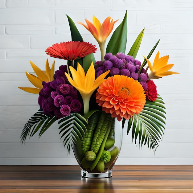 A vase of flowers with a green plant in it