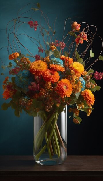 A vase of flowers with orange, blue, and yellow flowers