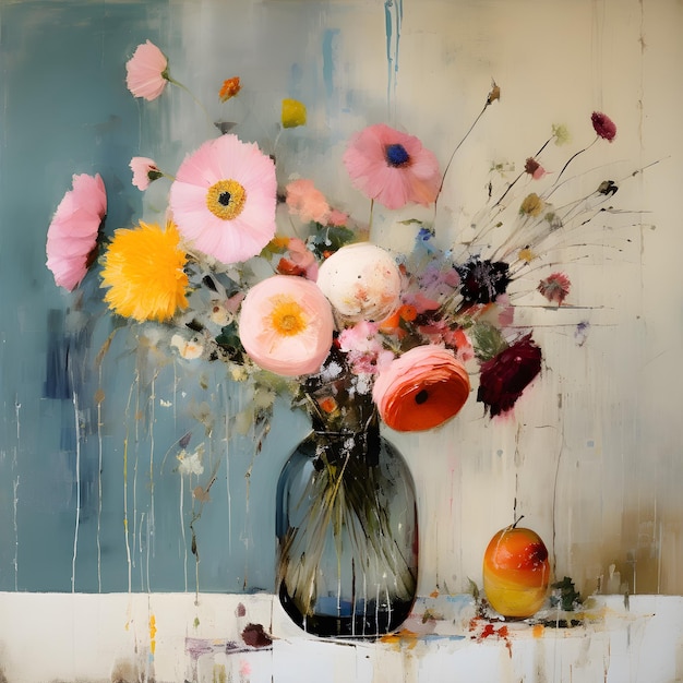 Photo a vase of flowers with a painting of flowers in it