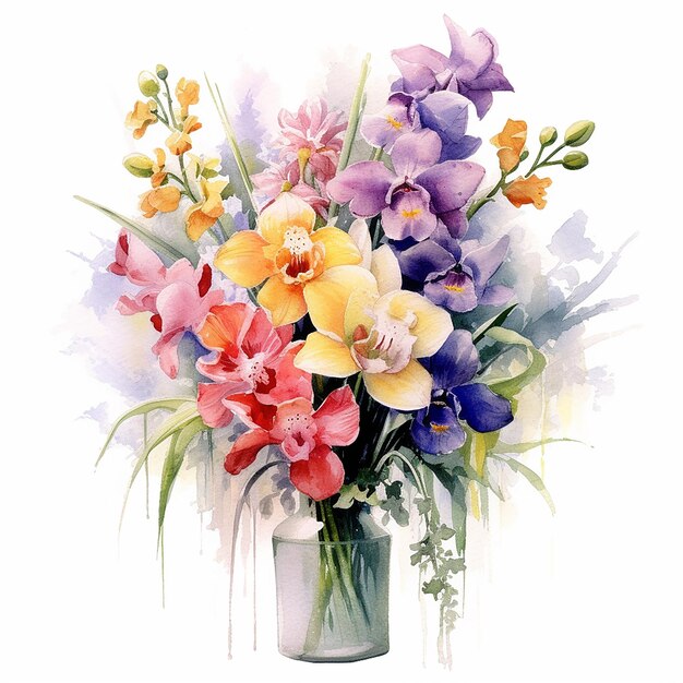 A vase of flowers with a picture of a flower.