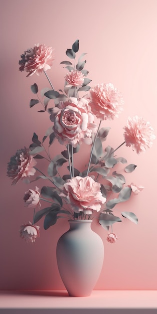 A vase of flowers with a pink flower on it