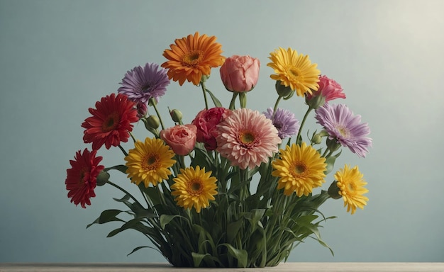 a vase of flowers with a pink yellow and purple flower With space for text