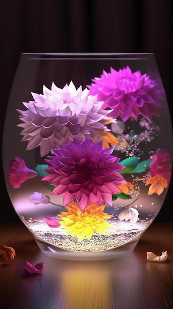 A vase of flowers with a purple background