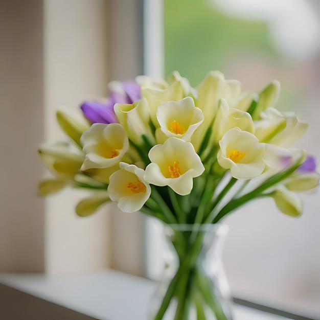 a vase of flowers with purple and white flowers in it