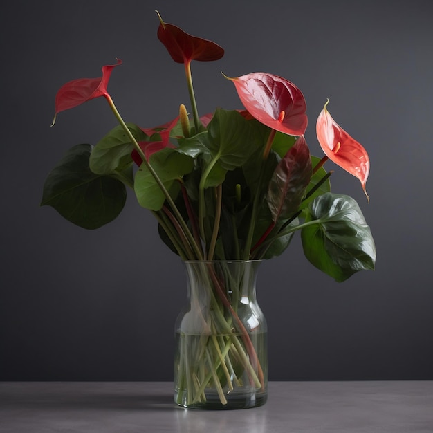 A vase of flowers with red leaves and stems in it.