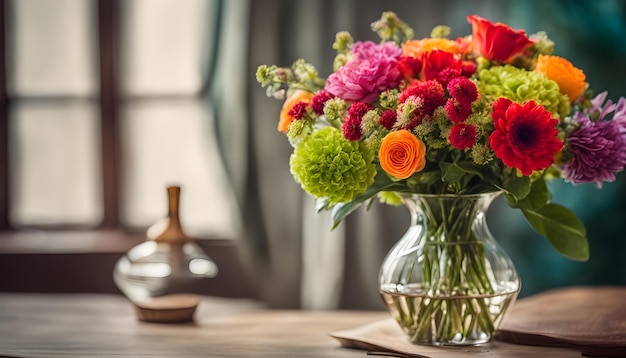 a vase of flowers with a small object in the background