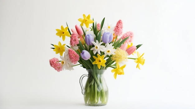 A vase of flowers with tulips and daffodils