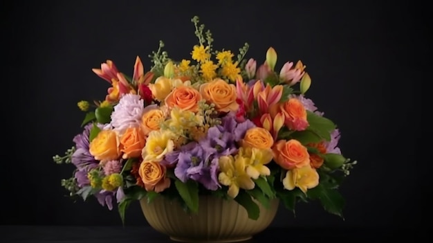 A vase of flowers with a variety of colors