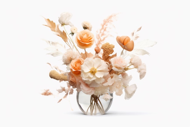 A vase of flowers with a white background and a gold rim.