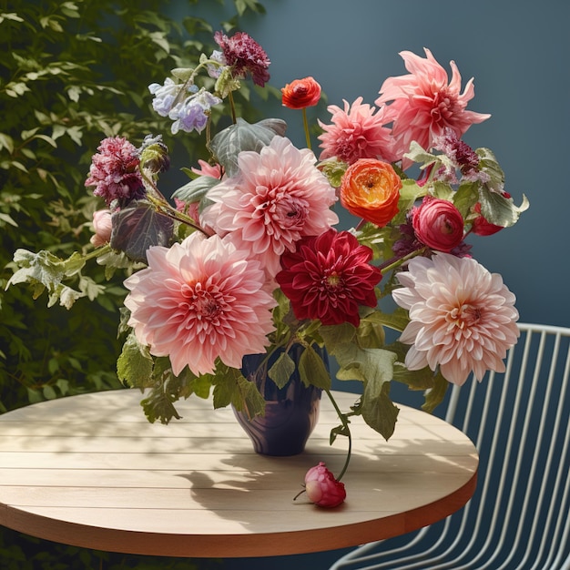 A vase of flowers with a white chair and a blue wall behind it