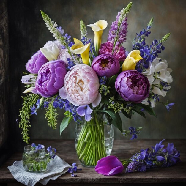 a vase of flowers with a white napkin on a table