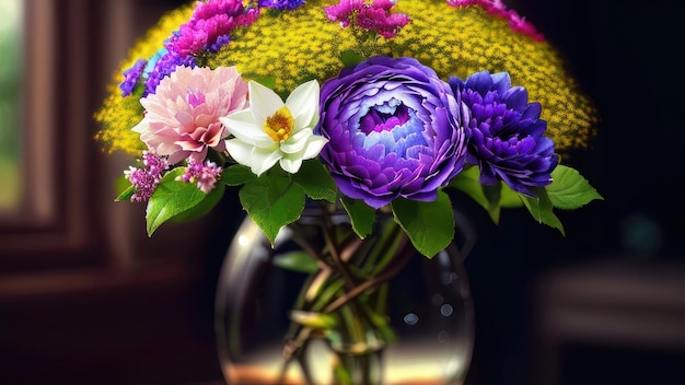 A vase of flowers with a yellow flower in it