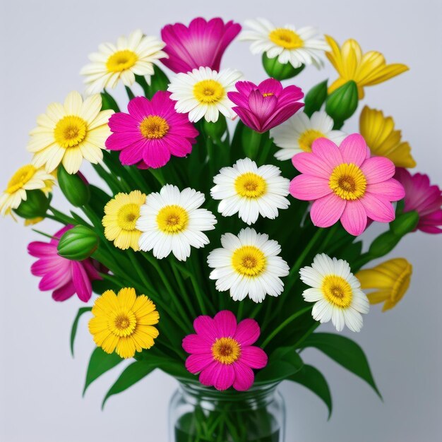 A vase of flowers with a yellow, pink, and white daisy in it.