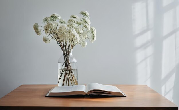 Photo vase of flowers on wooden table