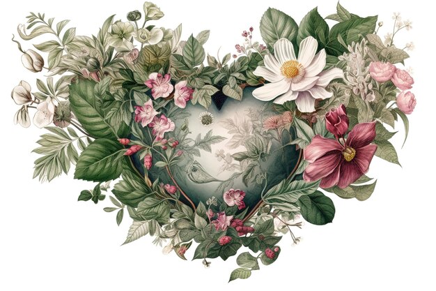 A vase in the form of a heart that is brimming with flowers and foliage