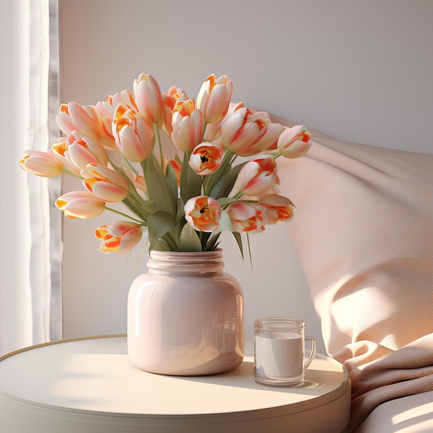 Vase of fresh orange flowers next to a glass with a candle