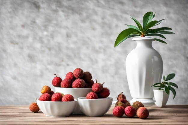 a vase of fruit sits next to a vase with a plant in it