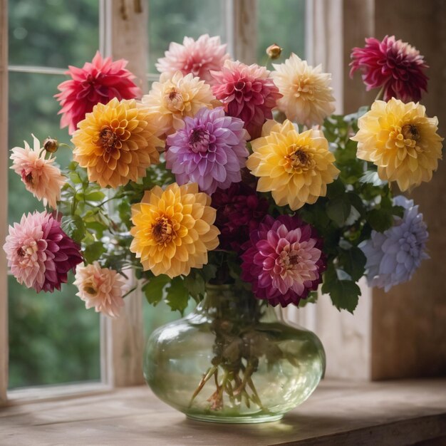 Photo a vase full of colorful dahlias background