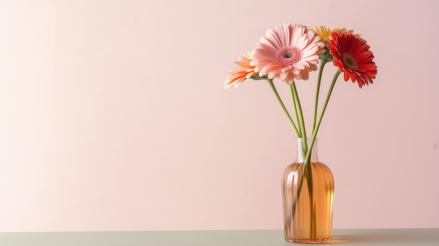 A vase of gerbera daisies sits on a table.