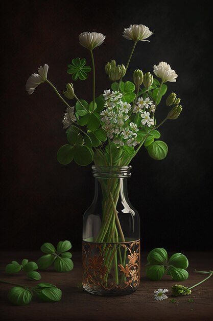 A vase of green clovers sits on a table.