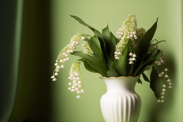 Vase of lilies of the valley against a lush wall