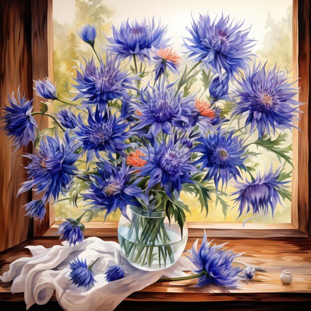 Foto vase met blauwe maïsbloemen centaurea wilde bloemen