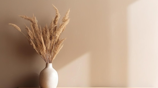 Vase met decoratieve planten tak op beige muur achtergrond Minimalistische interieur mockup Generatieve AI