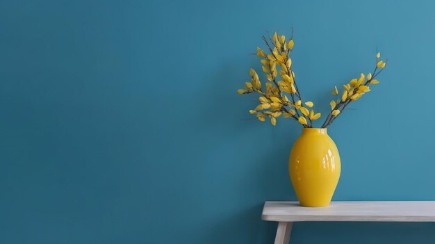 Vase met decoratieve planten tak op blauwe muur achtergrond Minimalistische interieur mockup Generatieve AI