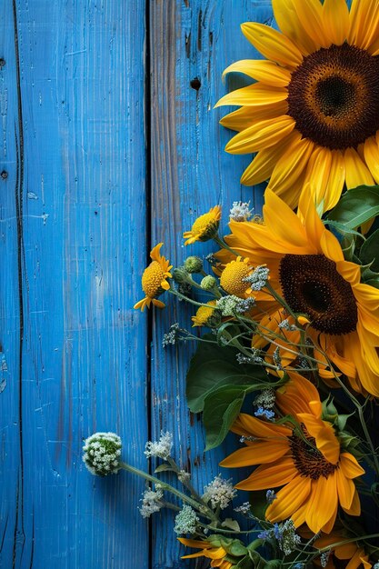 Foto vase met gele en paarse bloemen